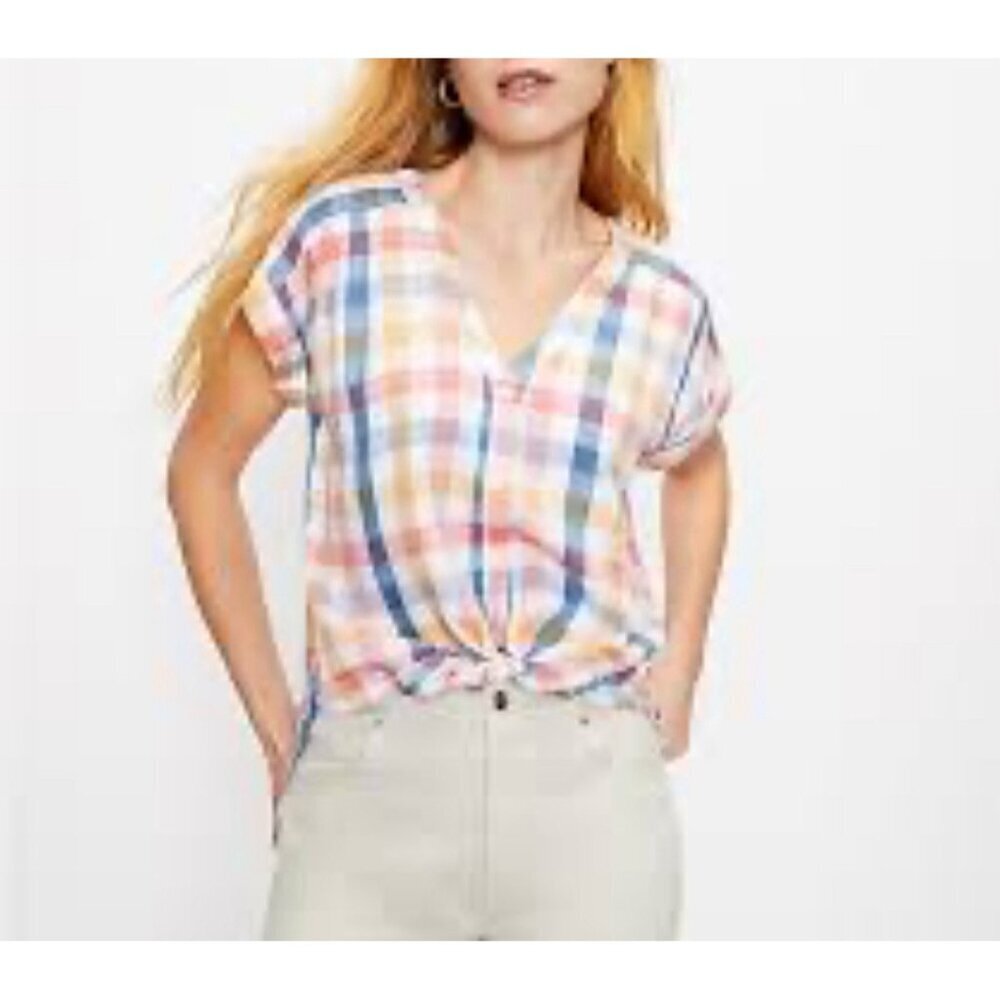 LOFT Dolman Pink Plaid‎ Short Sleeve Button Down Top Sz S Petite